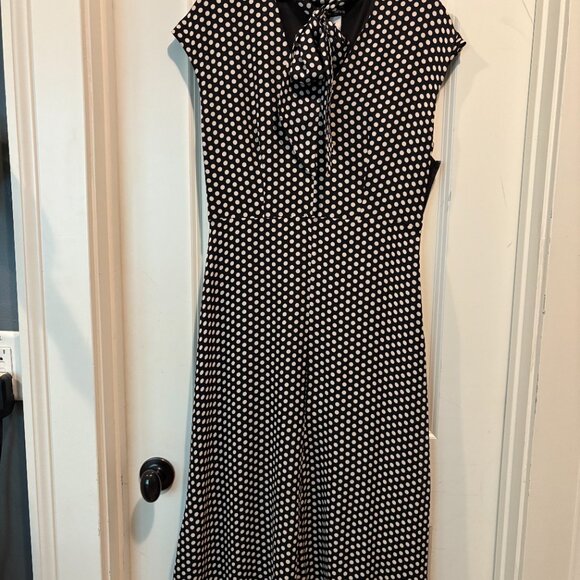 Milly "Gabby" 100% Silk Polka Dot Midi Dress w/ Tie Neck + Cap Sleeves, Size 4 - Picture 1 of 10